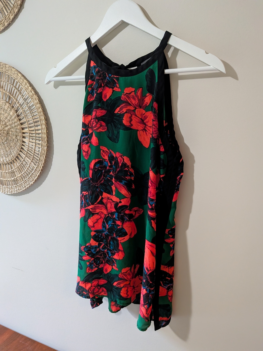 Vince Camuto Green Floral Halter Blouse with Black Trim and Red Accents